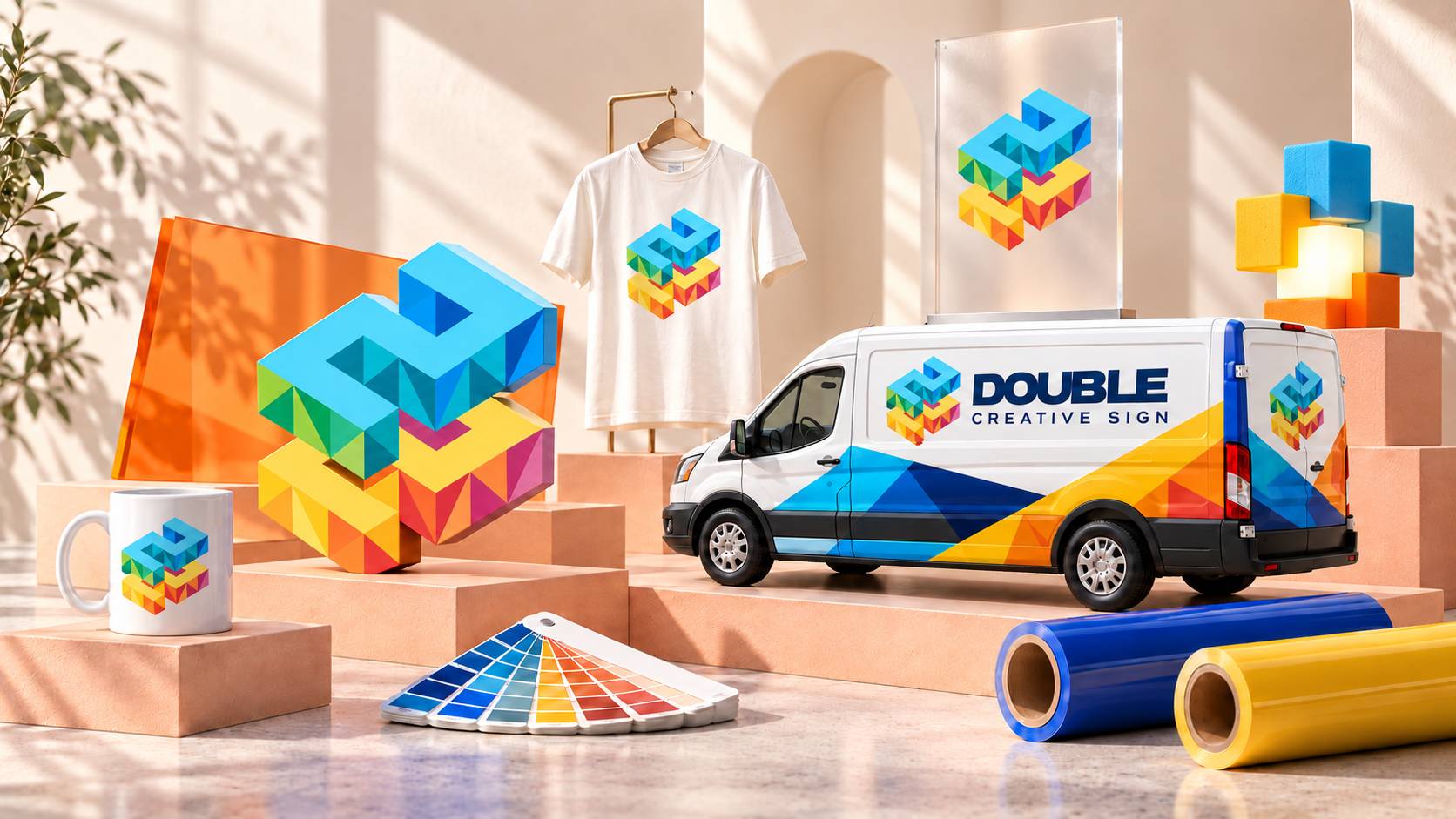 A studio scene with everything Double makes: the colorful cube logo as a 3D sculpture and on an acrylic plaque, a custom mug and T-shirt, a wrapped van with the Double brand, color swatches and vinyl rolls