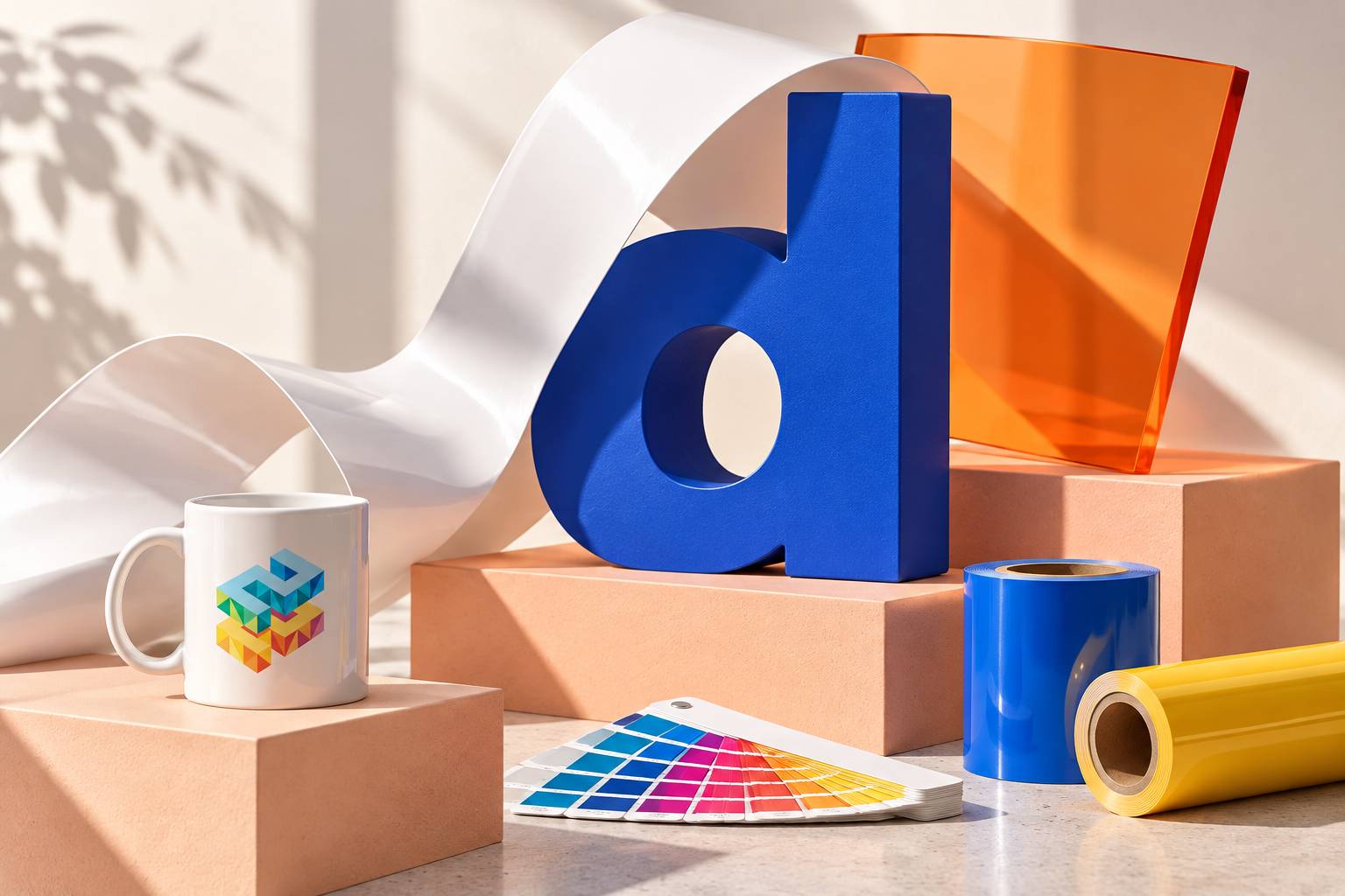 A solid blue letter d among orange acrylic, a white vinyl ribbon, color swatches and vinyl rolls